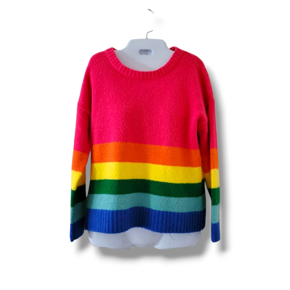 Love At First Find | Bold Colorful Rainbow Striped Fuzzy Knit Sweater (SIZE S)